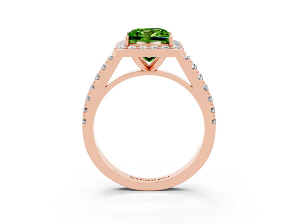 Rose gold Princess Cut Halo Diamond Ring with Pavé Band and Three-Prong Setting