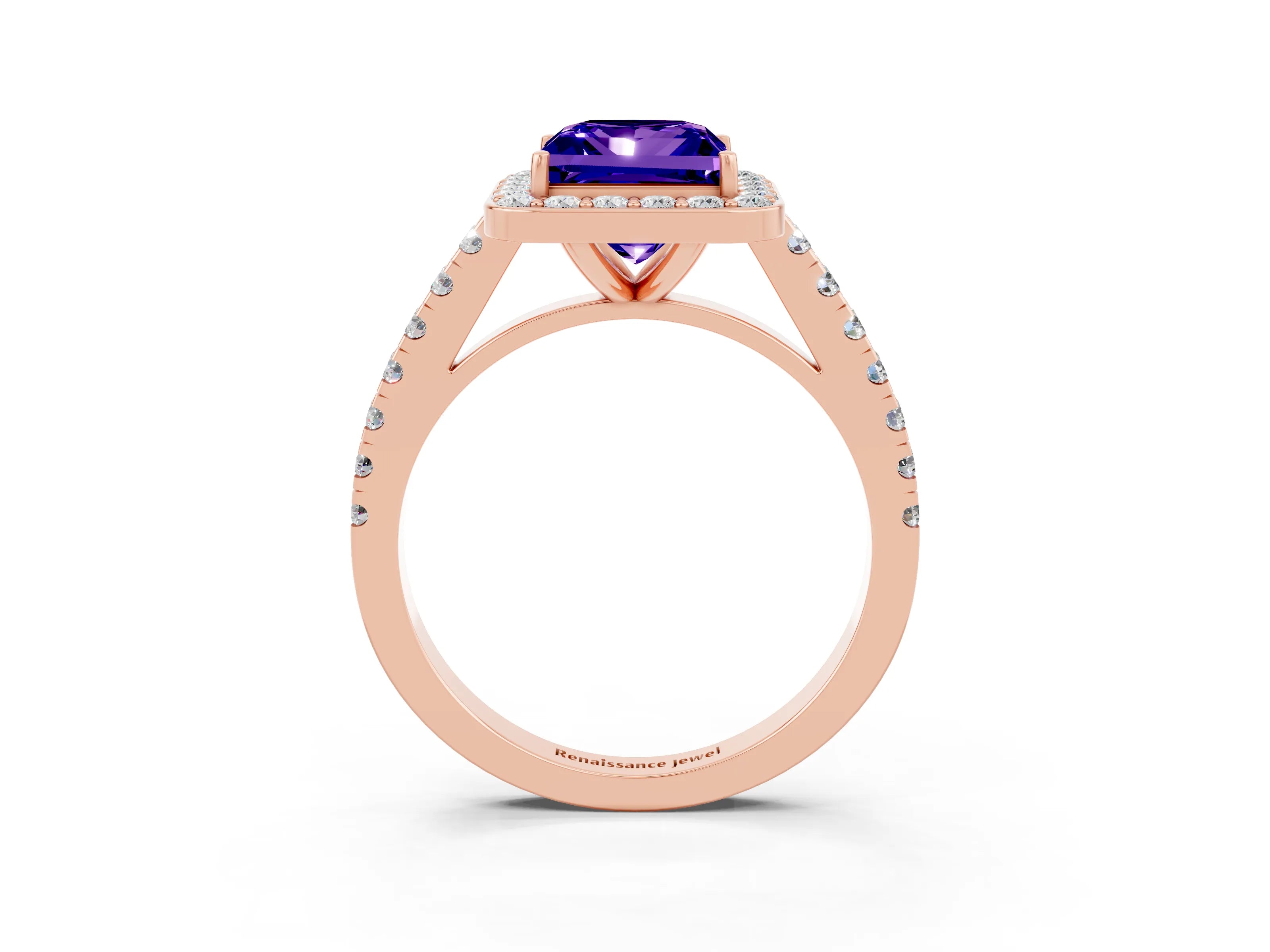 Rose gold Princess Cut Halo Diamond Ring with Pavé Band and Three-Prong Setting_3