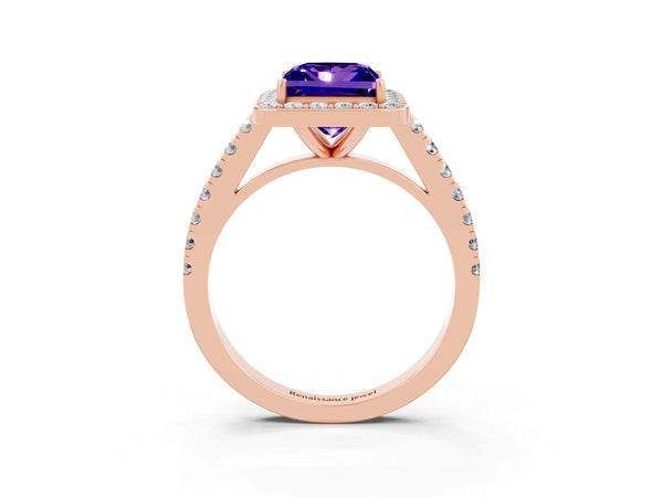 Rose gold Princess Cut Tanzanite Halo Ring with Round Pavé Split Shank and Prong Setting
