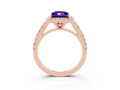 Rose gold Princess Cut Halo Diamond Ring with Pavé Band and Three-Prong Setting_3
