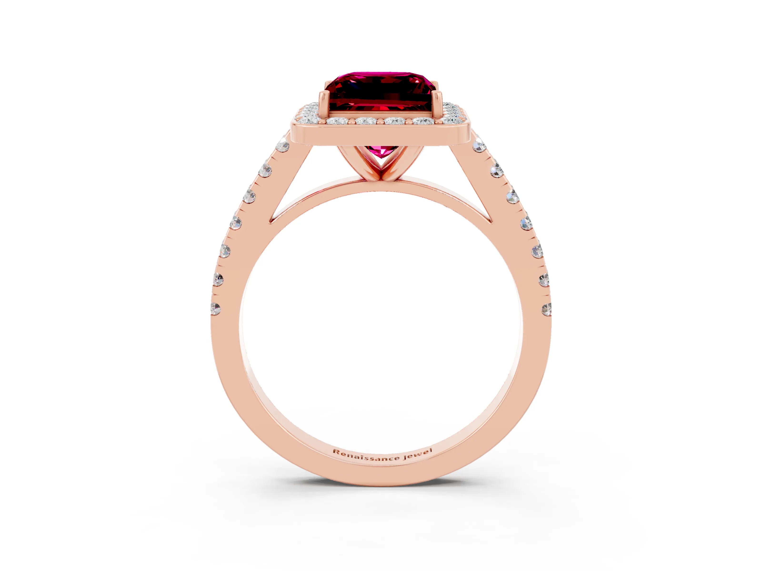 Rose gold Princess Cut Halo Diamond Ring with Pavé Band and Three-Prong Setting_3