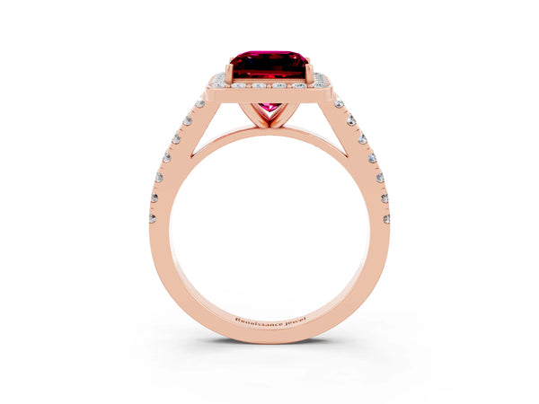 Rose gold Princess Cut Garnet Halo Ring with Round Pavé Split Shank and Prong Setting