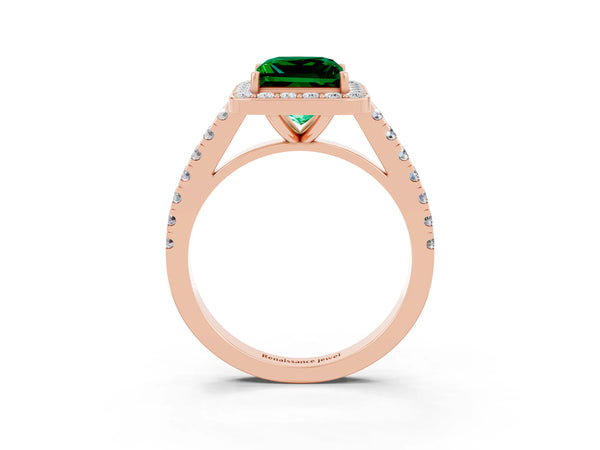 Rose gold Princess Cut Emerald Halo Ring with Round Pavé Split Shank and Prong Setting