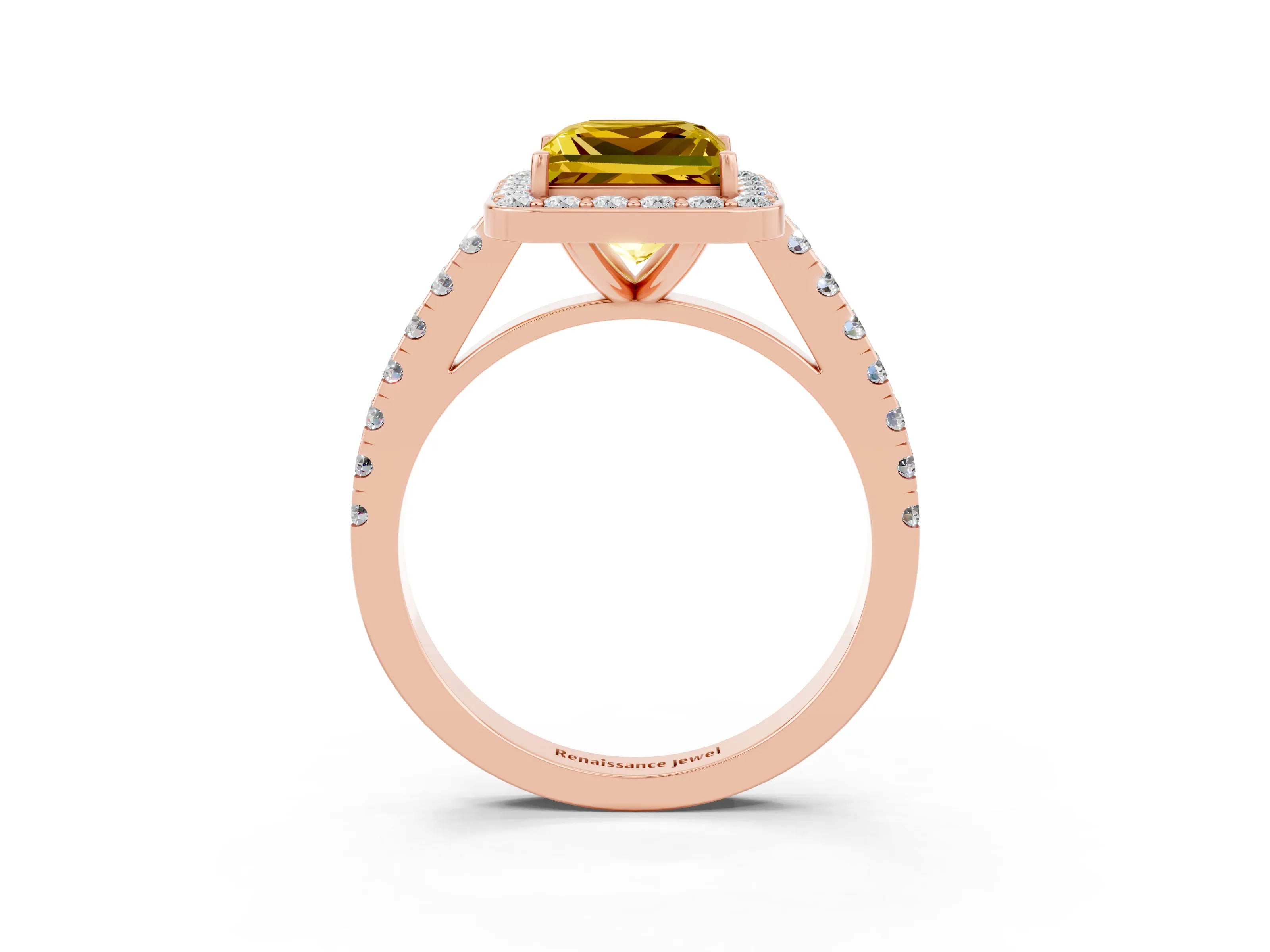 Rose gold Princess Cut Halo Diamond Ring with Pavé Band and Three-Prong Setting_3