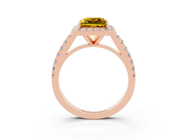 Rose gold Princess Cut Yellow Sapphire Halo Ring with Round Pavé Split Shank and Prong Setting