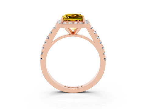 Rose gold Princess Cut Halo Diamond Ring with Pavé Band and Three-Prong Setting_3