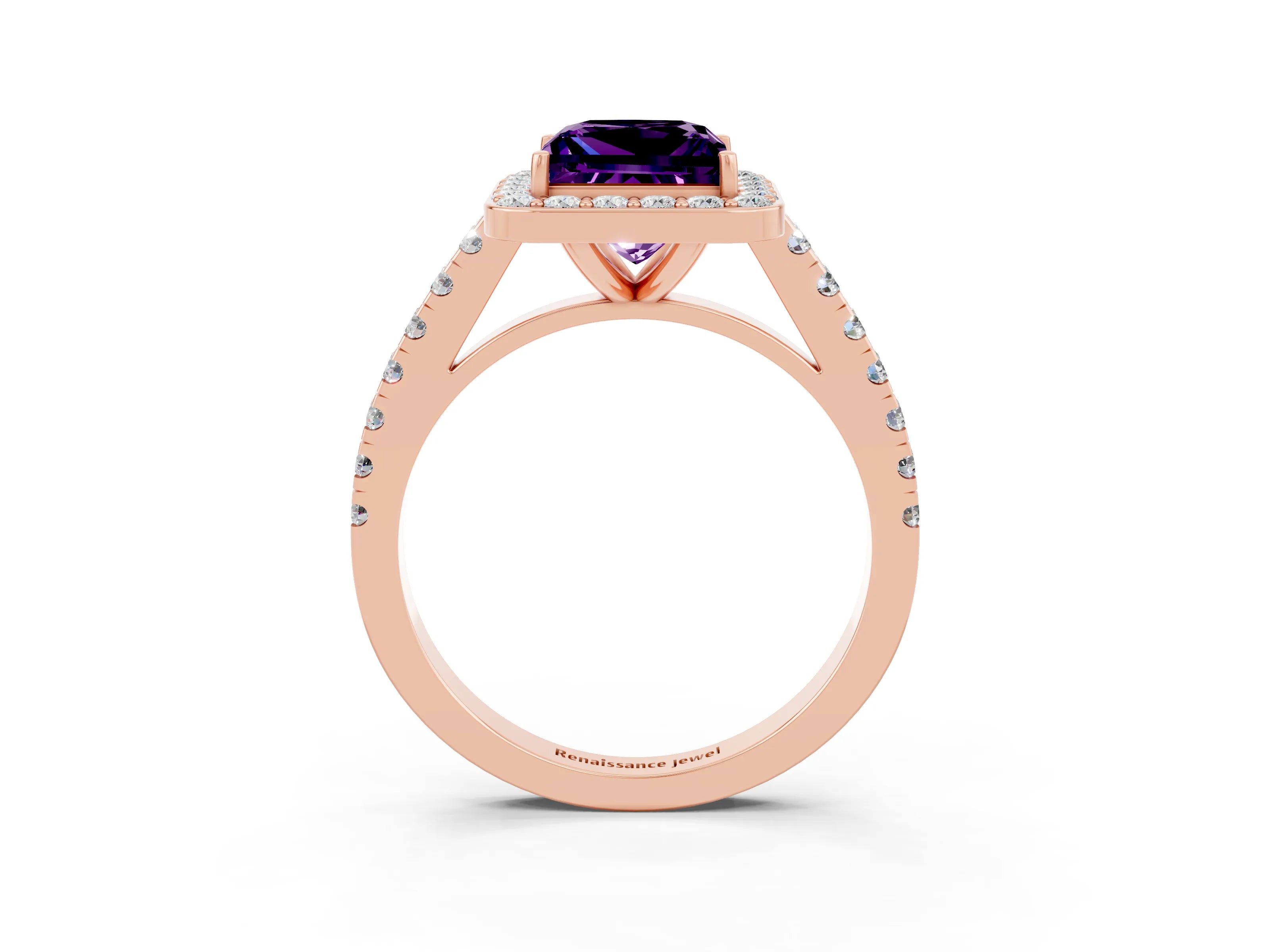 Rose gold Princess Cut Halo Diamond Ring with Pavé Band and Three-Prong Setting_3