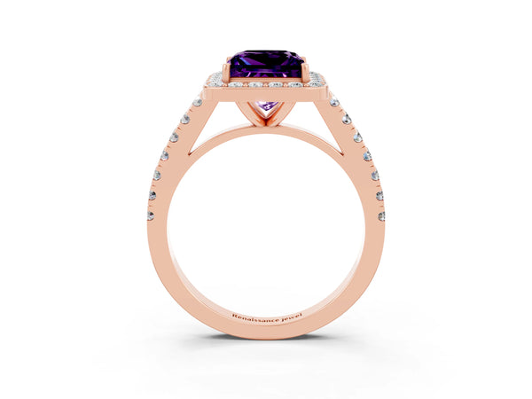 Rose gold Princess Cut Amethyst Halo Ring with Round Pavé Split Shank and Prong Setting