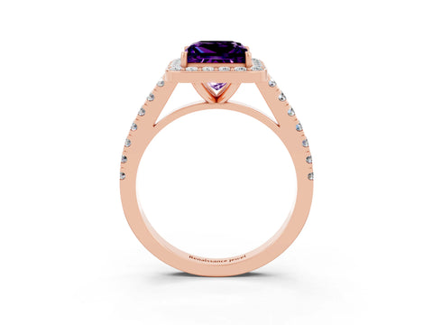 Rose gold Princess Cut Halo Diamond Ring with Pavé Band and Three-Prong Setting_3