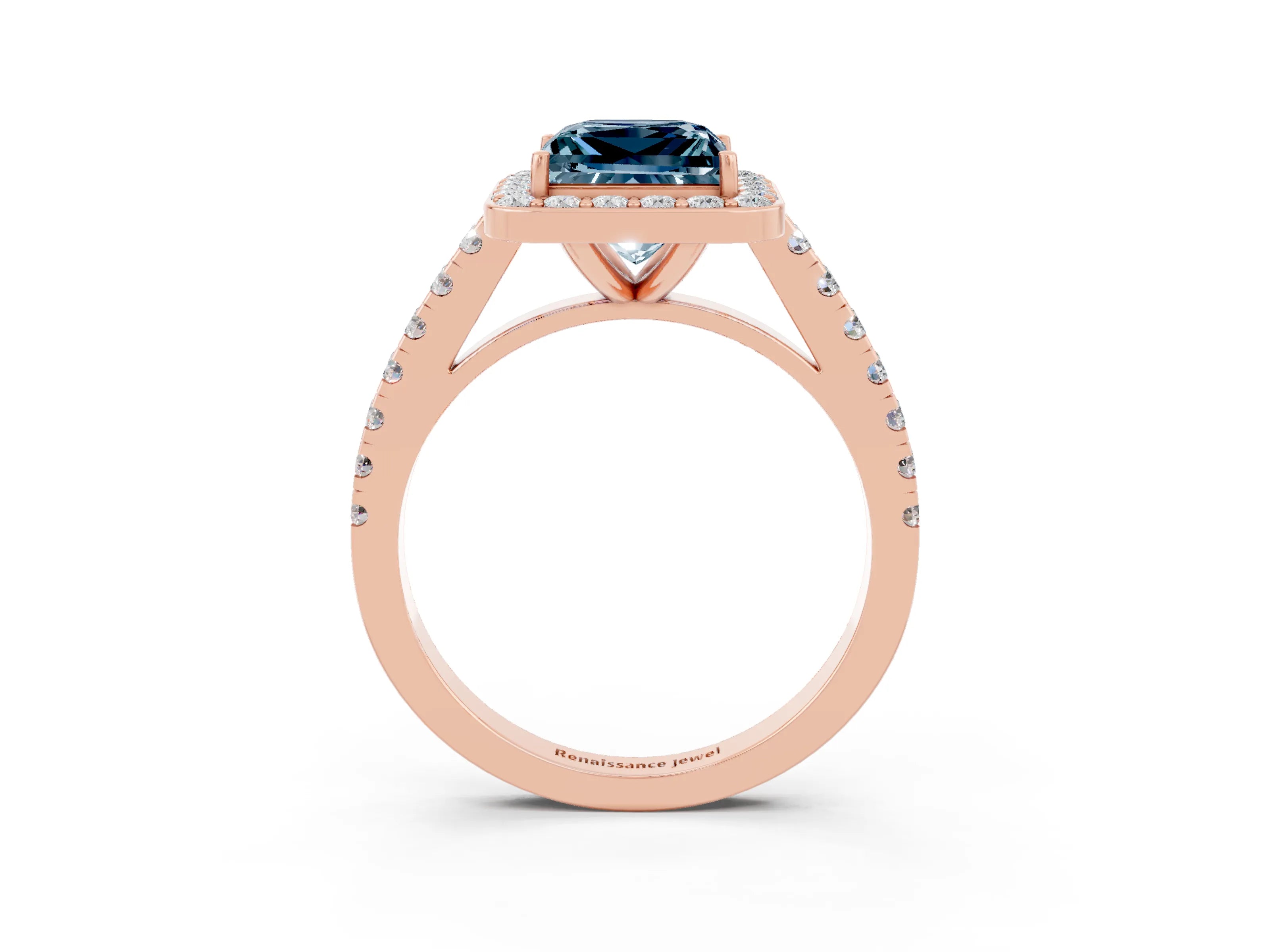 Rose gold Princess Cut Halo Diamond Ring with Pavé Band and Three-Prong Setting_3