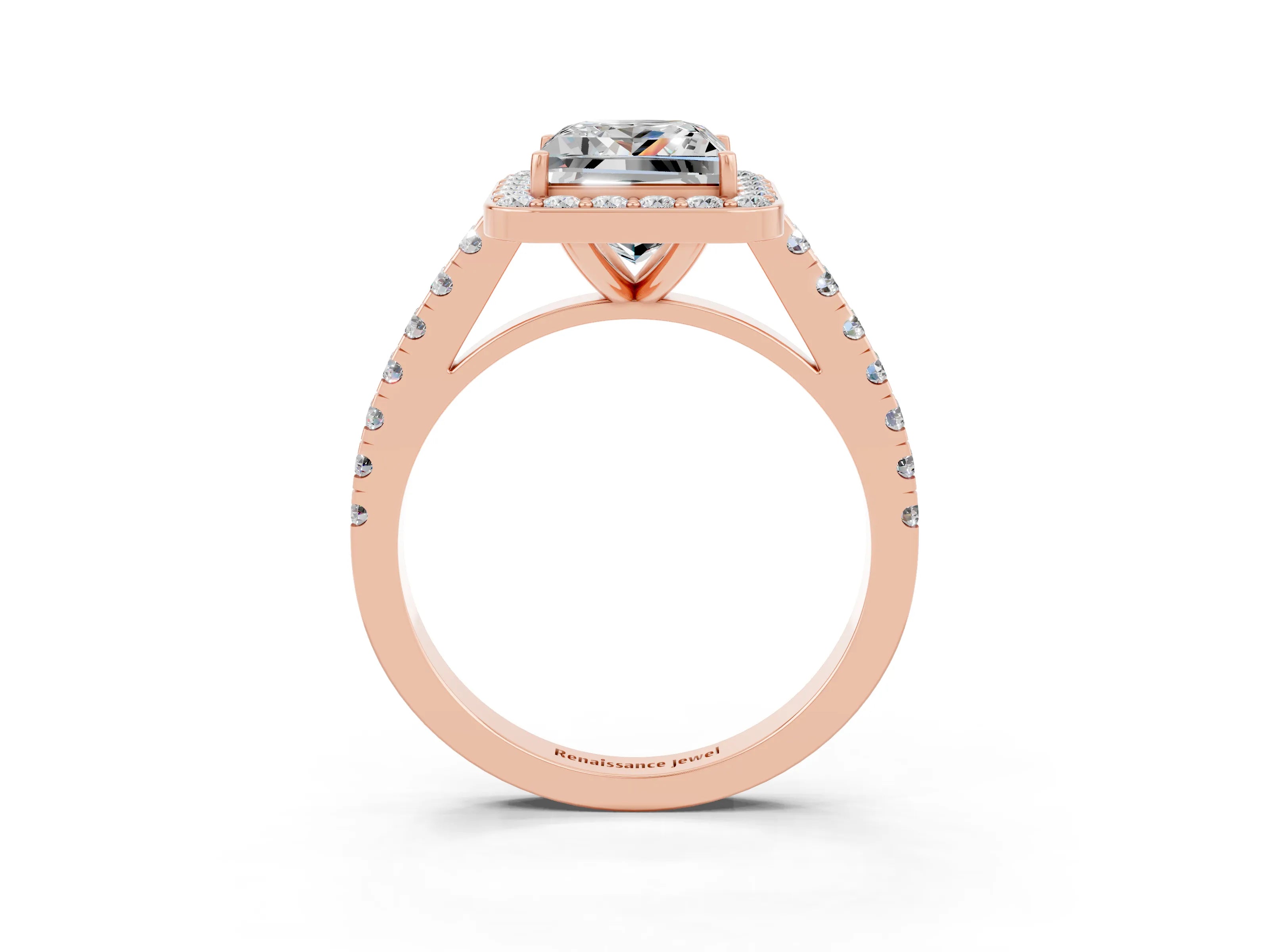 Rose gold Princess Cut Halo Diamond Ring with Pavé Band and Three-Prong Setting_3