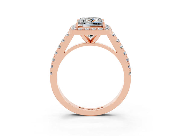 Rose gold Princess Cut Moissanite Halo Ring with Round Pavé Split Shank and Prong Setting