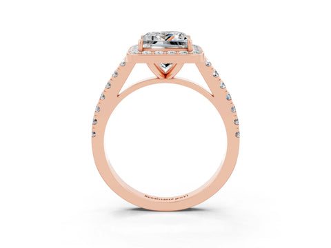 Rose gold Princess Cut Halo Diamond Ring with Pavé Band and Three-Prong Setting_3