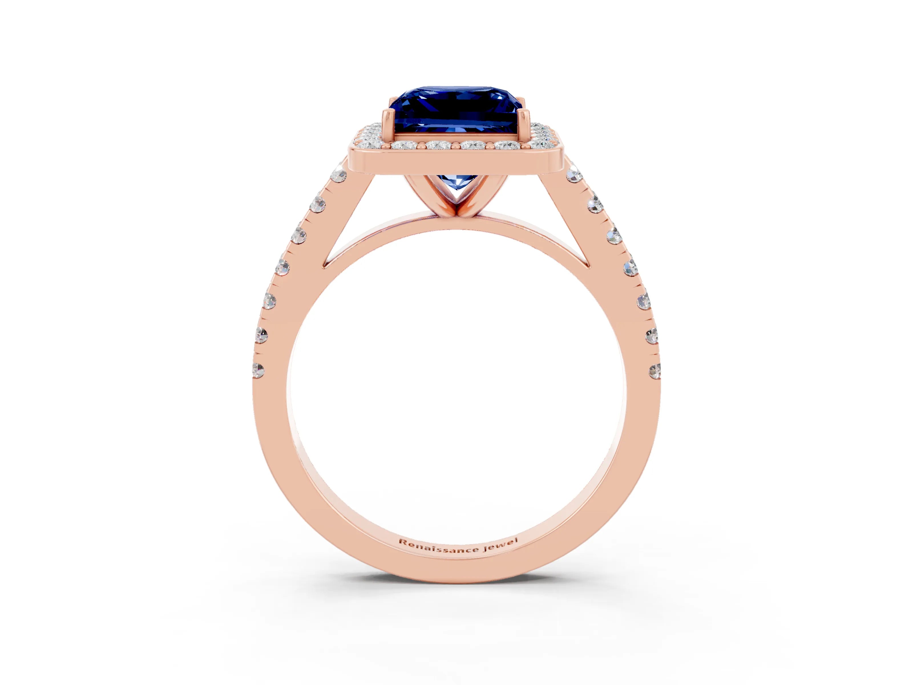 Rose gold Princess Cut Halo Diamond Ring with Pavé Band and Three-Prong Setting_3