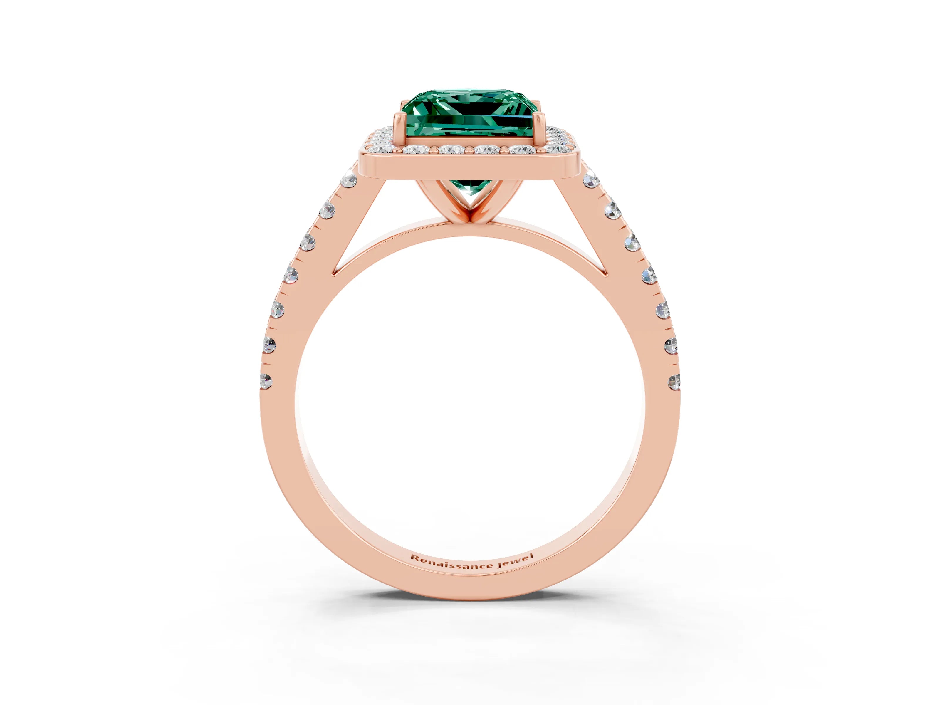 Rose gold Princess Cut Halo Diamond Ring with Pavé Band and Three-Prong Setting_3