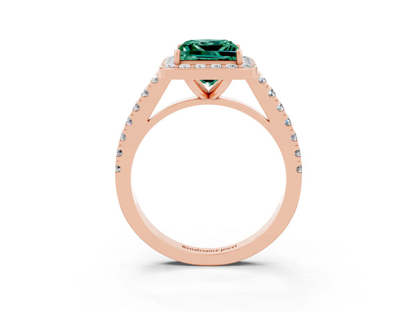 Rose gold Princess Cut Green Sapphire Halo Ring with Round Pavé Split Shank and Prong Setting