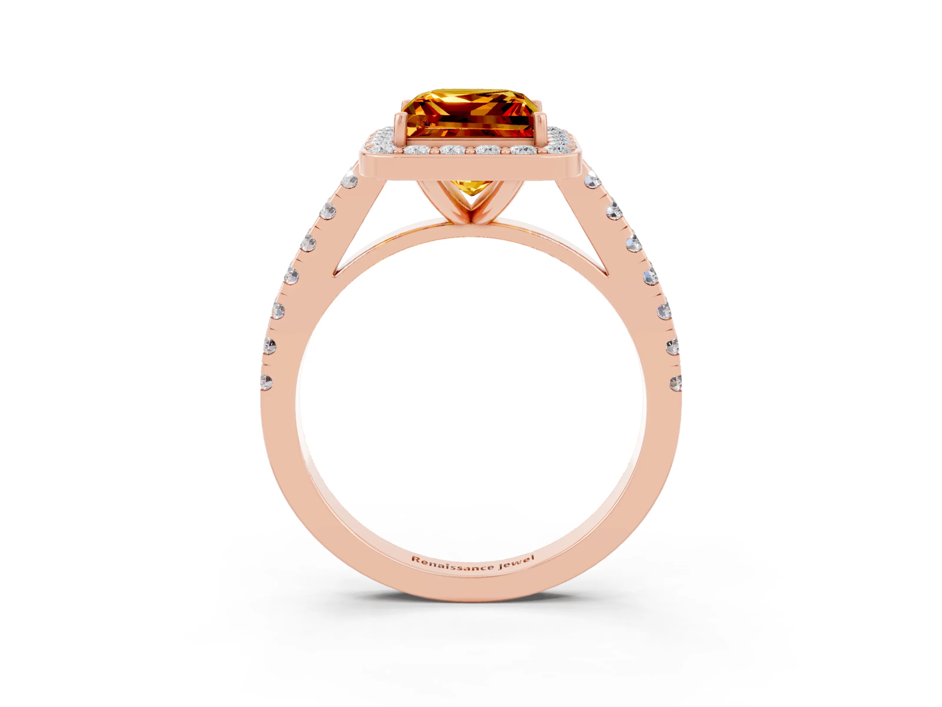 Rose gold Princess Cut Halo Diamond Ring with Pavé Band and Three-Prong Setting_3