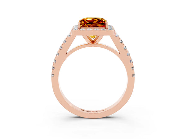 Rose gold Princess Cut Citrine Halo Ring with Round Pavé Split Shank and Prong Setting