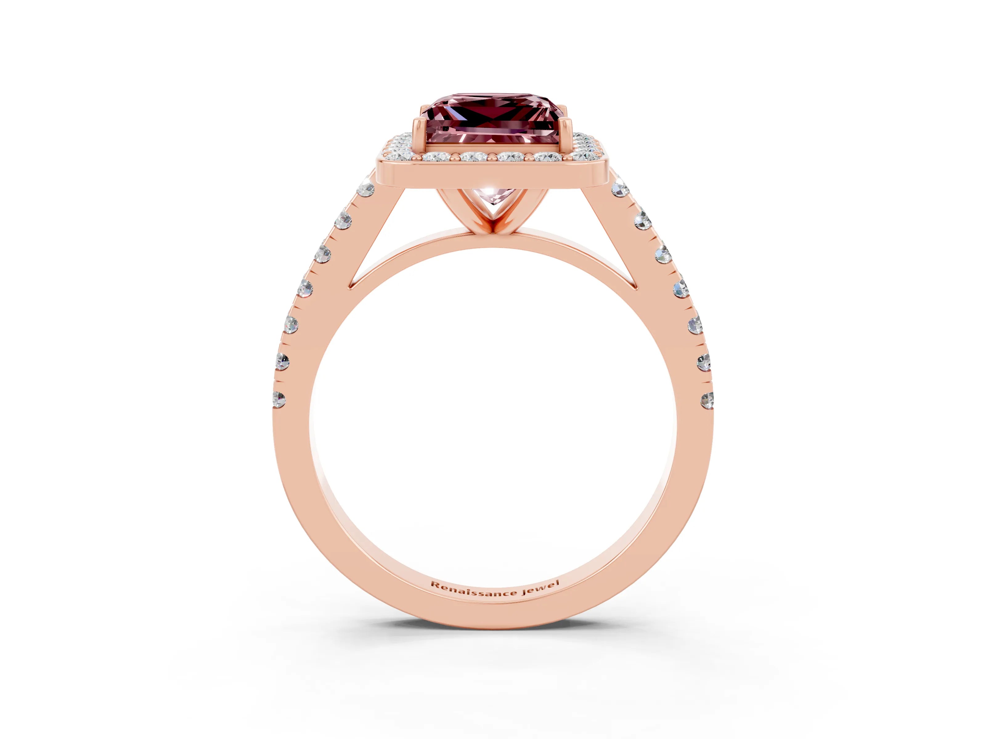 Rose gold Princess Cut Halo Diamond Ring with Pavé Band and Three-Prong Setting_3