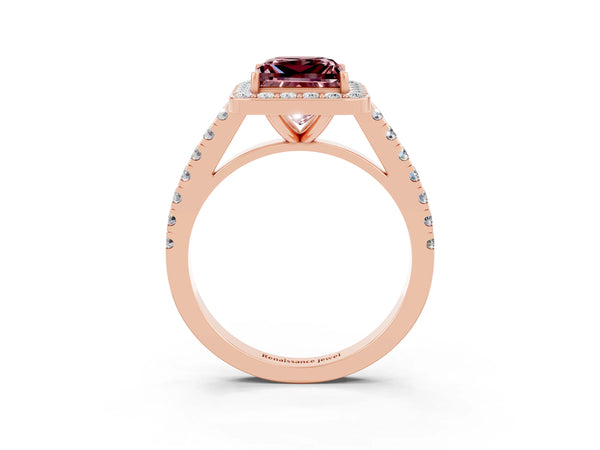 Rose gold Princess Cut Halo Diamond Ring with Pavé Band and Three-Prong Setting
