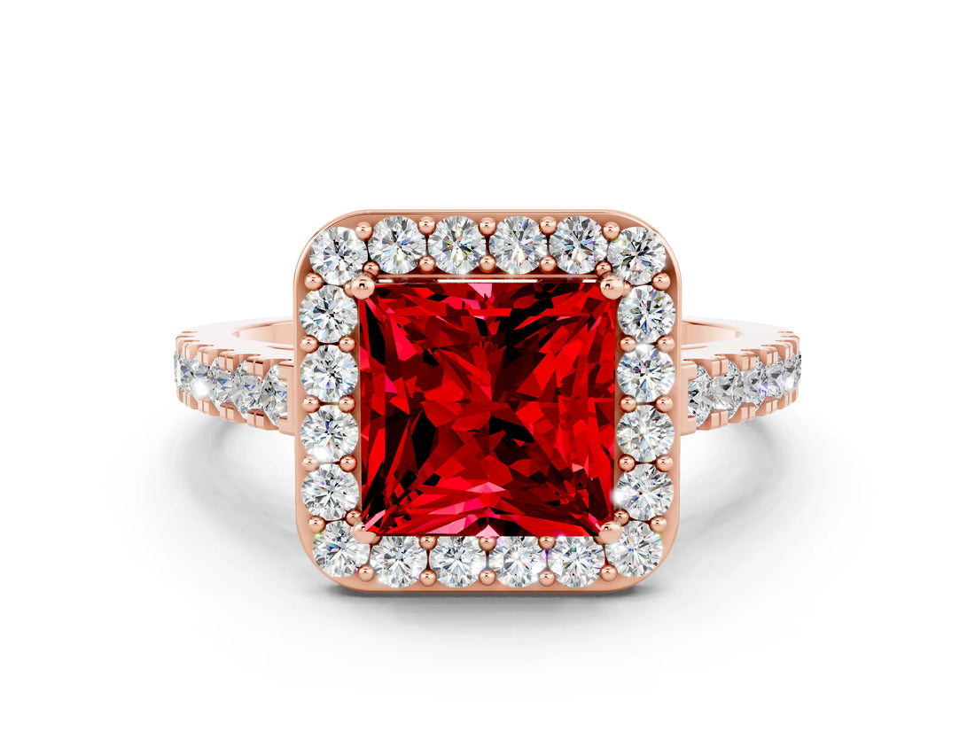 Rose gold Princess Cut Halo Diamond Ring with Pavé Band and Three-Prong Setting