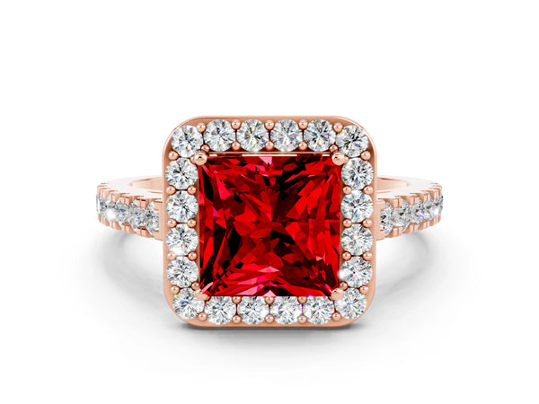 Rose gold Princess Cut Ruby Halo Ring with Round Pavé Split Shank and Prong Setting
