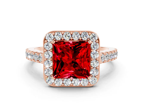 Rose gold Princess Cut Halo Diamond Ring with Pavé Band and Three-Prong Setting