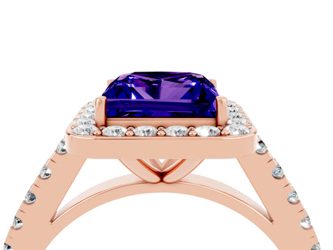 Rose gold Princess Cut Halo Diamond Ring with Pavé Band and Three-Prong Setting_4