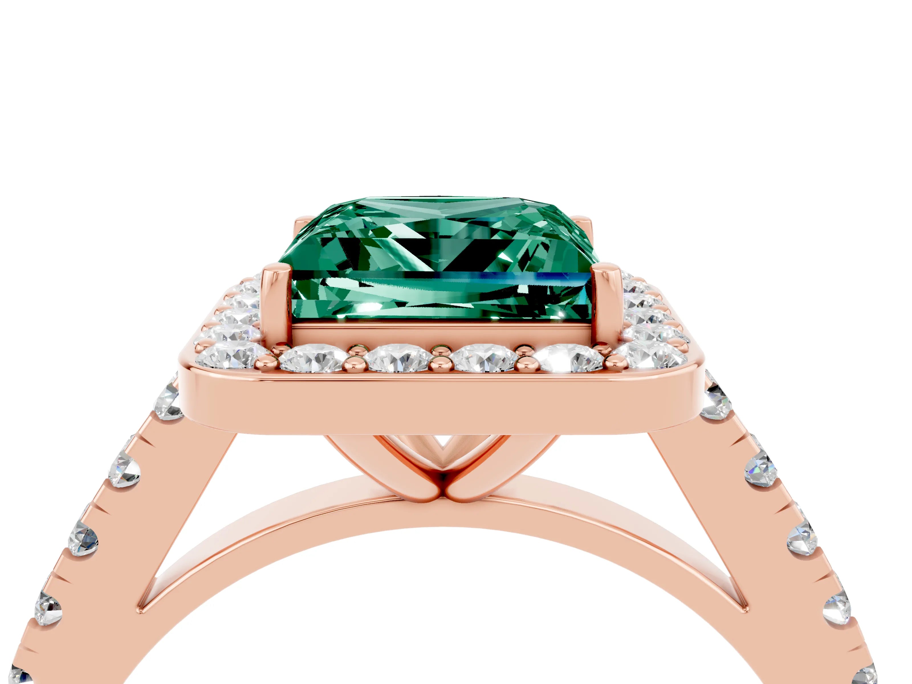 Rose gold Princess Cut Halo Diamond Ring with Pavé Band and Three-Prong Setting_4