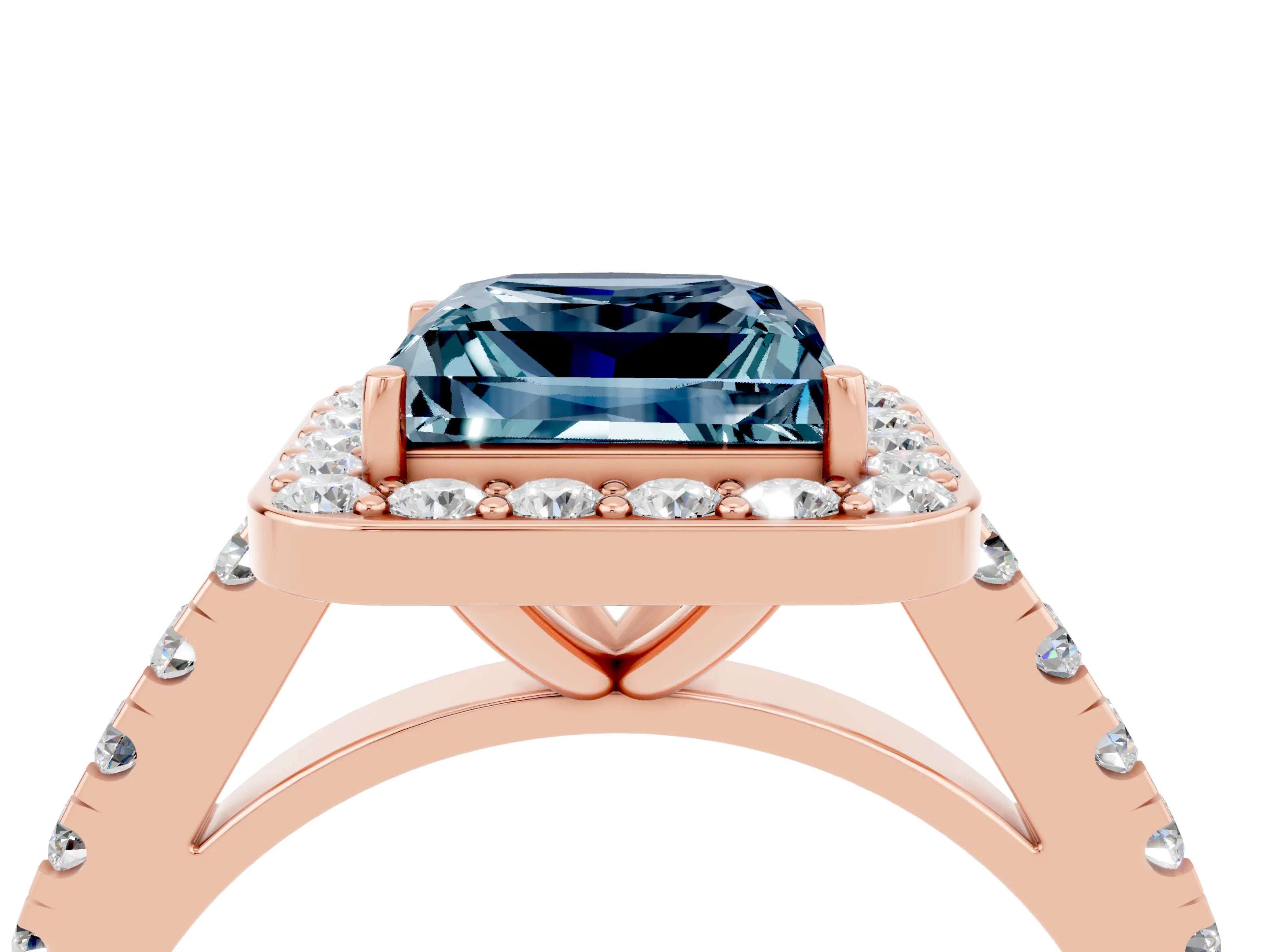 Rose gold Princess Cut Halo Diamond Ring with Pavé Band and Three-Prong Setting_4
