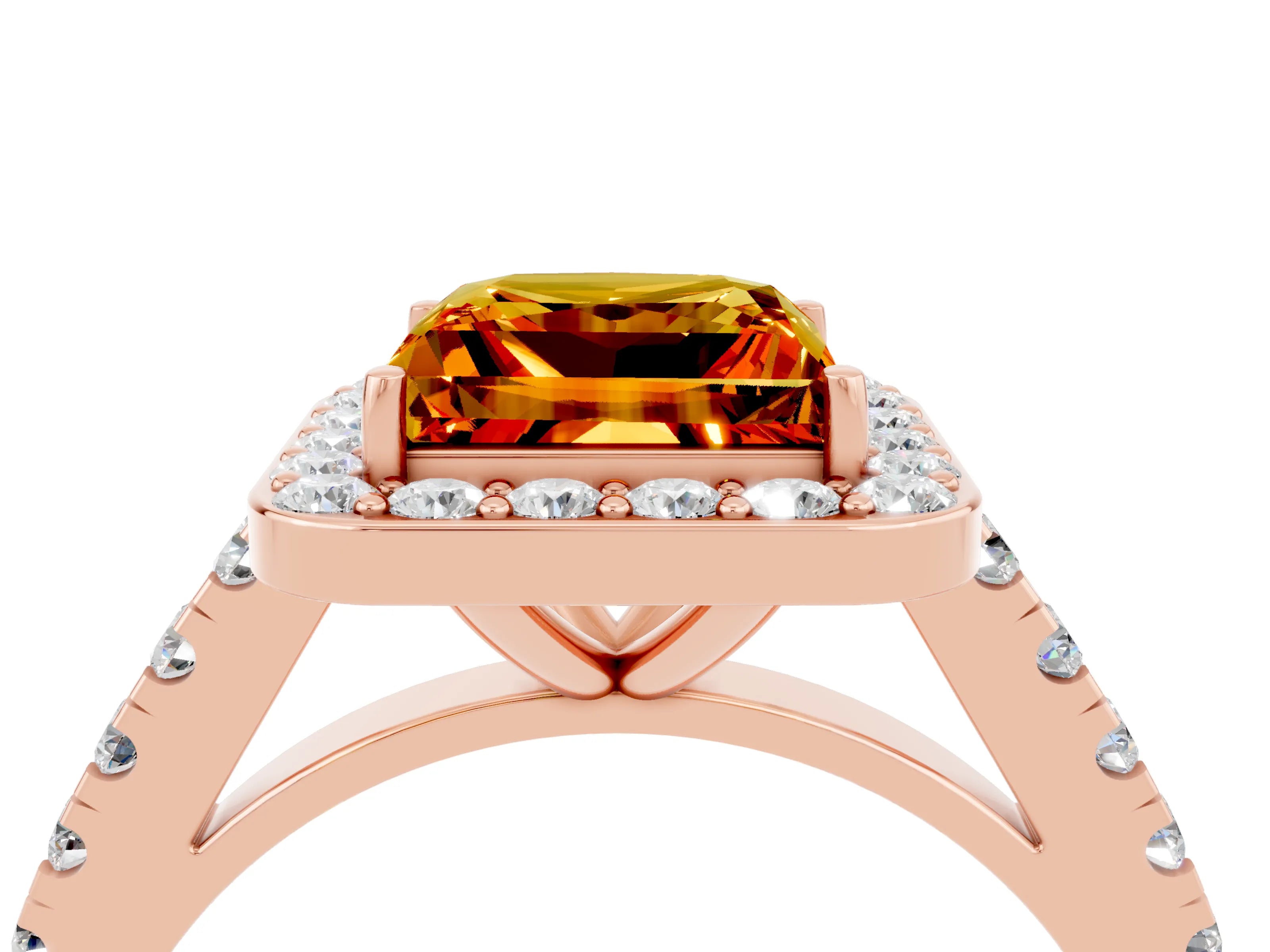 Rose gold Princess Cut Halo Diamond Ring with Pavé Band and Three-Prong Setting_4
