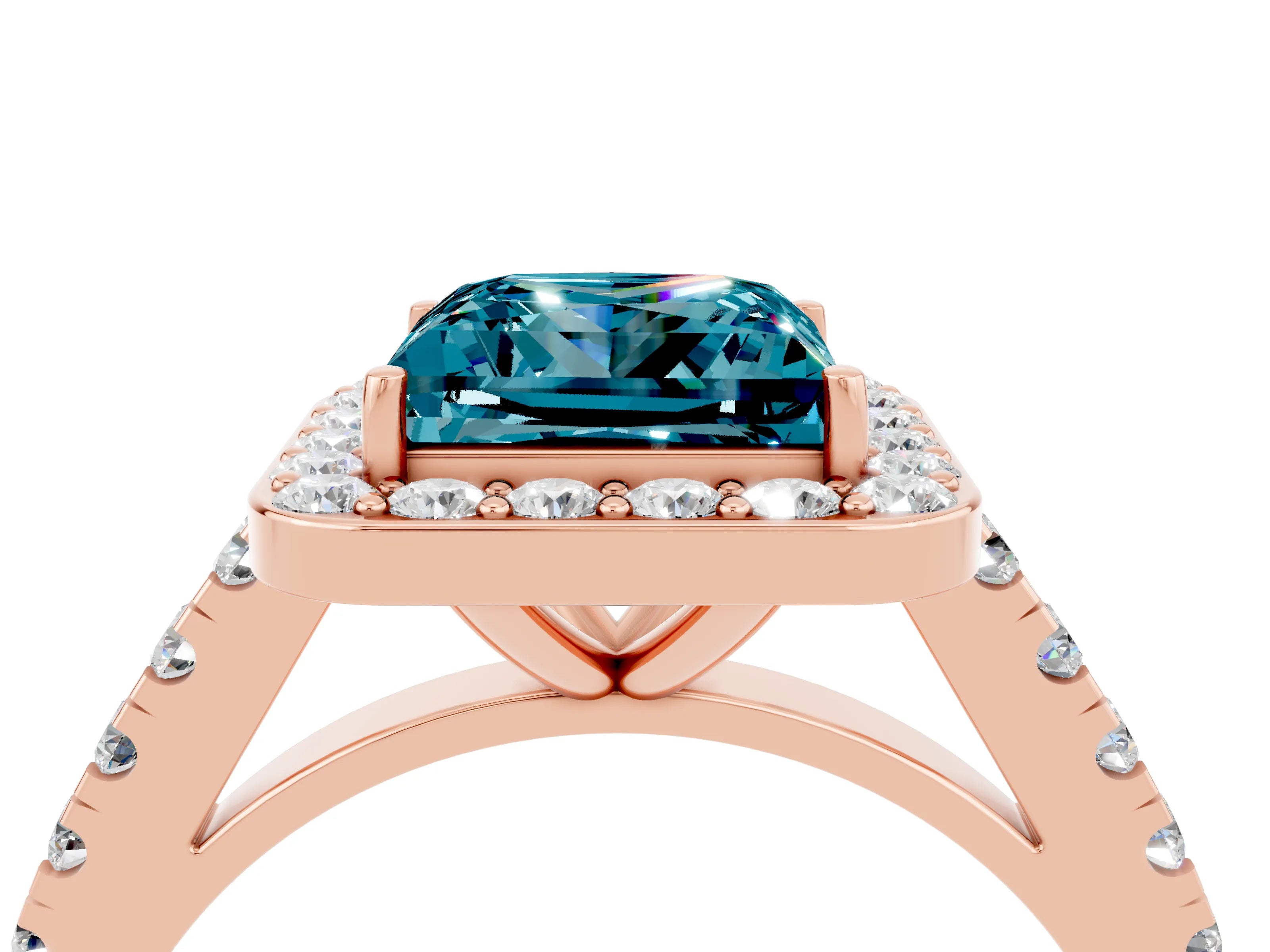 Rose gold Princess Cut Halo Diamond Ring with Pavé Band and Three-Prong Setting_4