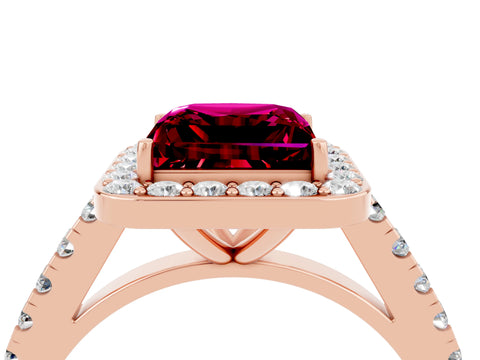Rose gold Princess Cut Halo Diamond Ring with Pavé Band and Three-Prong Setting_4