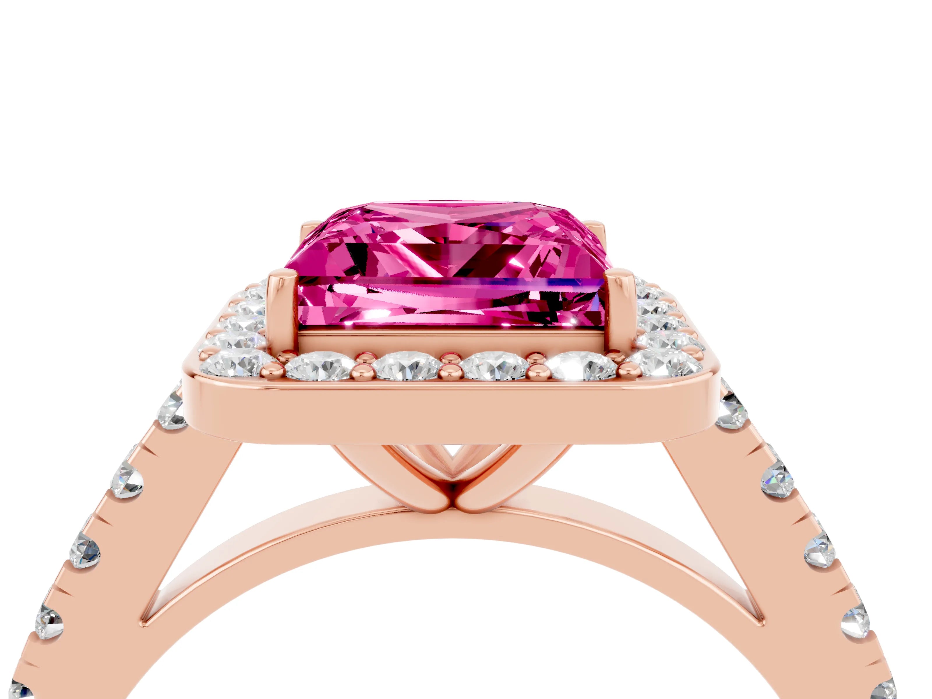 Rose gold Princess Cut Halo Diamond Ring with Pavé Band and Three-Prong Setting_4