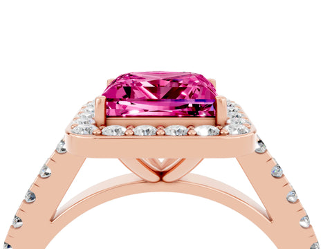 Rose gold Princess Cut Halo Diamond Ring with Pavé Band and Three-Prong Setting_4