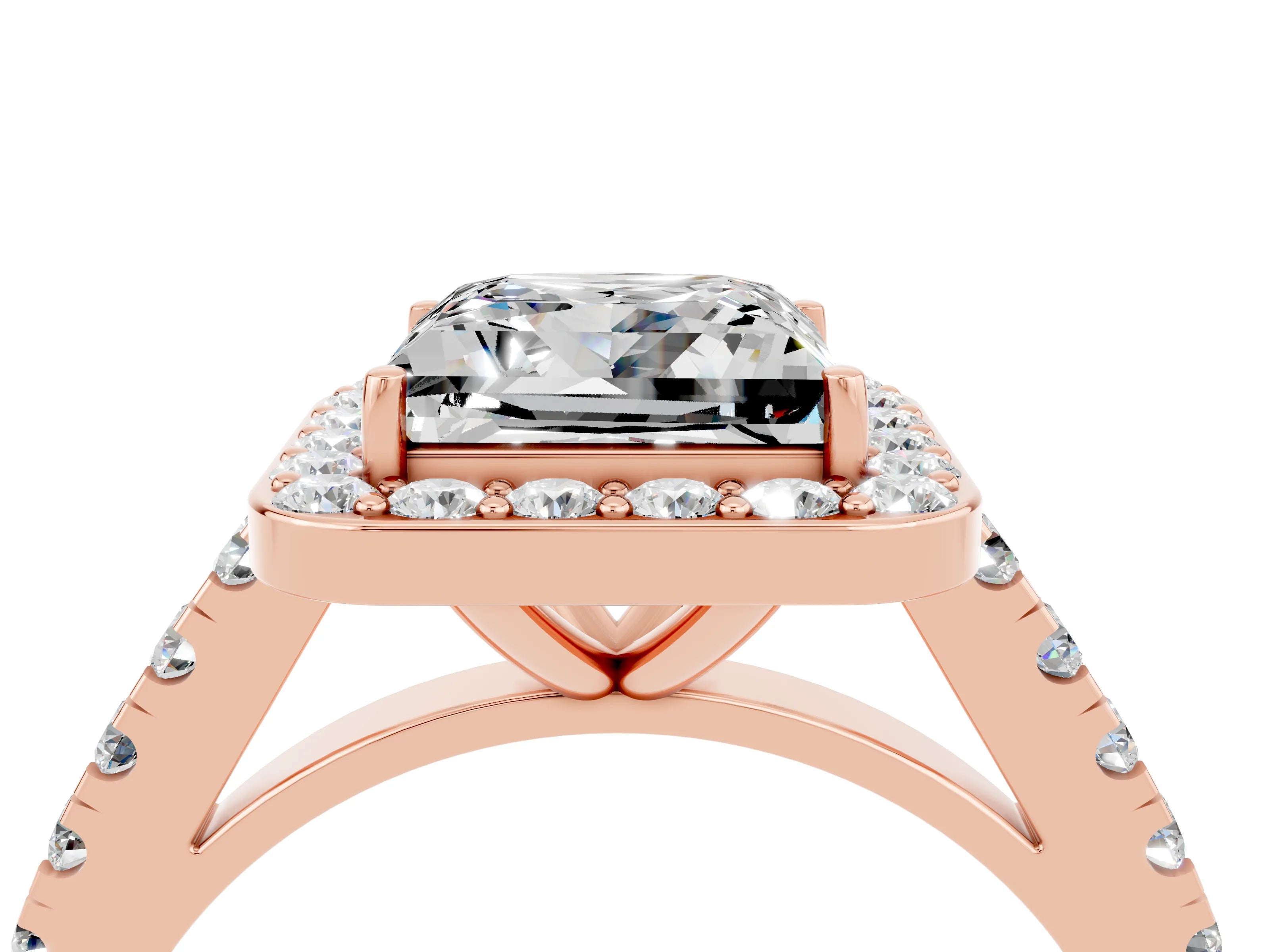 Rose gold Princess Cut Halo Diamond Ring with Pavé Band and Three-Prong Setting_4