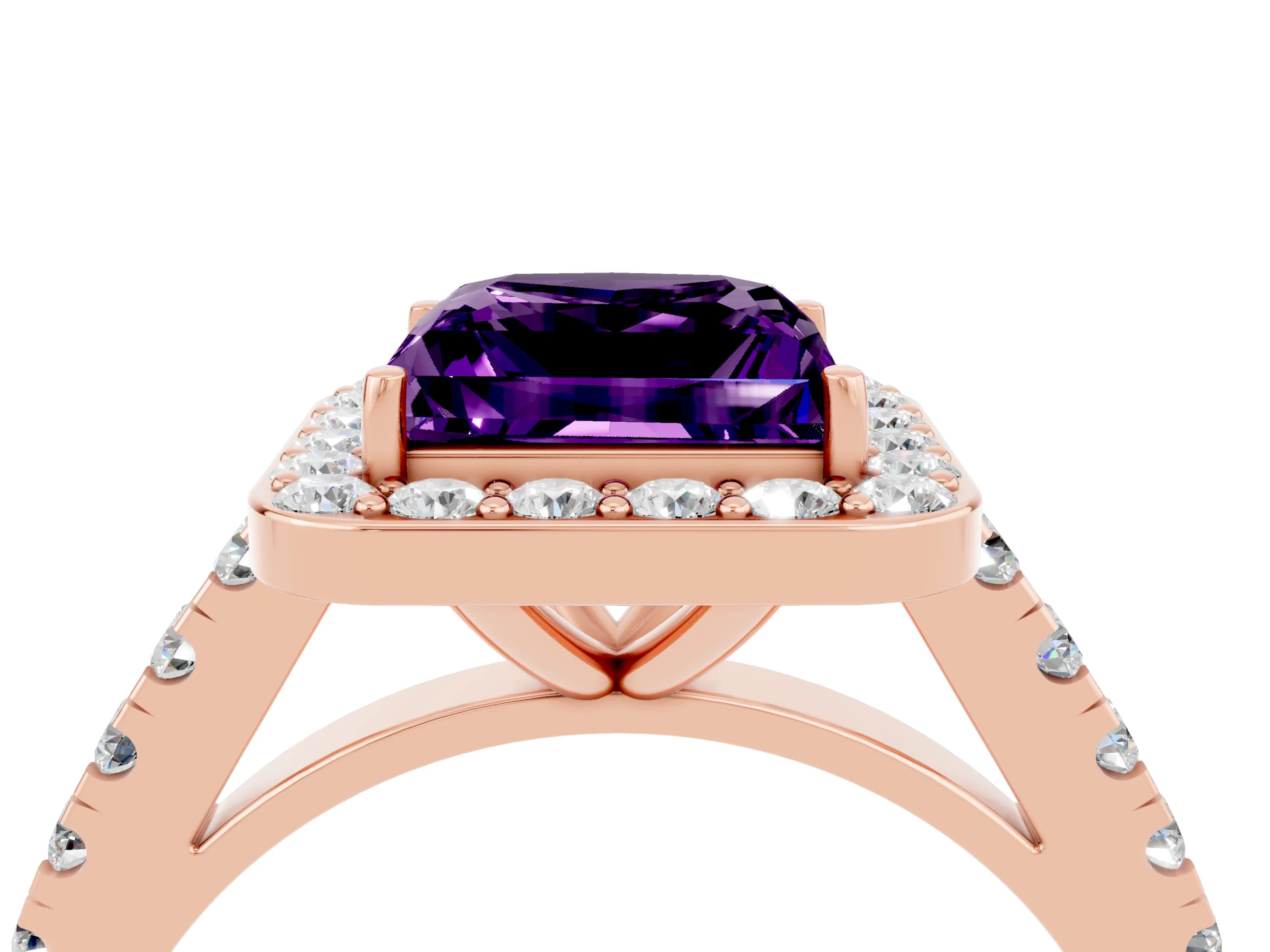 Rose gold Princess Cut Halo Diamond Ring with Pavé Band and Three-Prong Setting_4