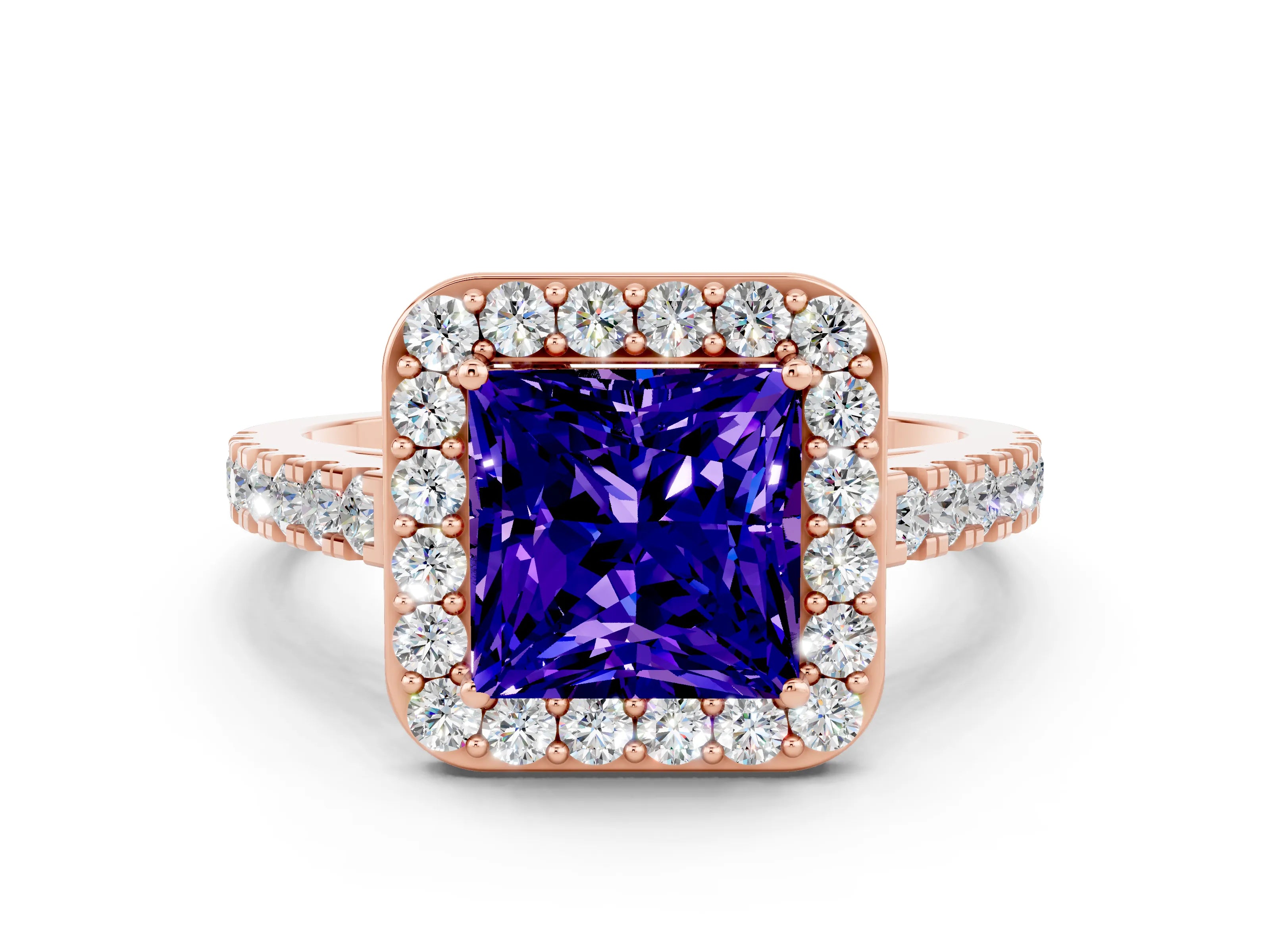 Rose gold Princess Cut Halo Diamond Ring with Pavé Band and Three-Prong Setting