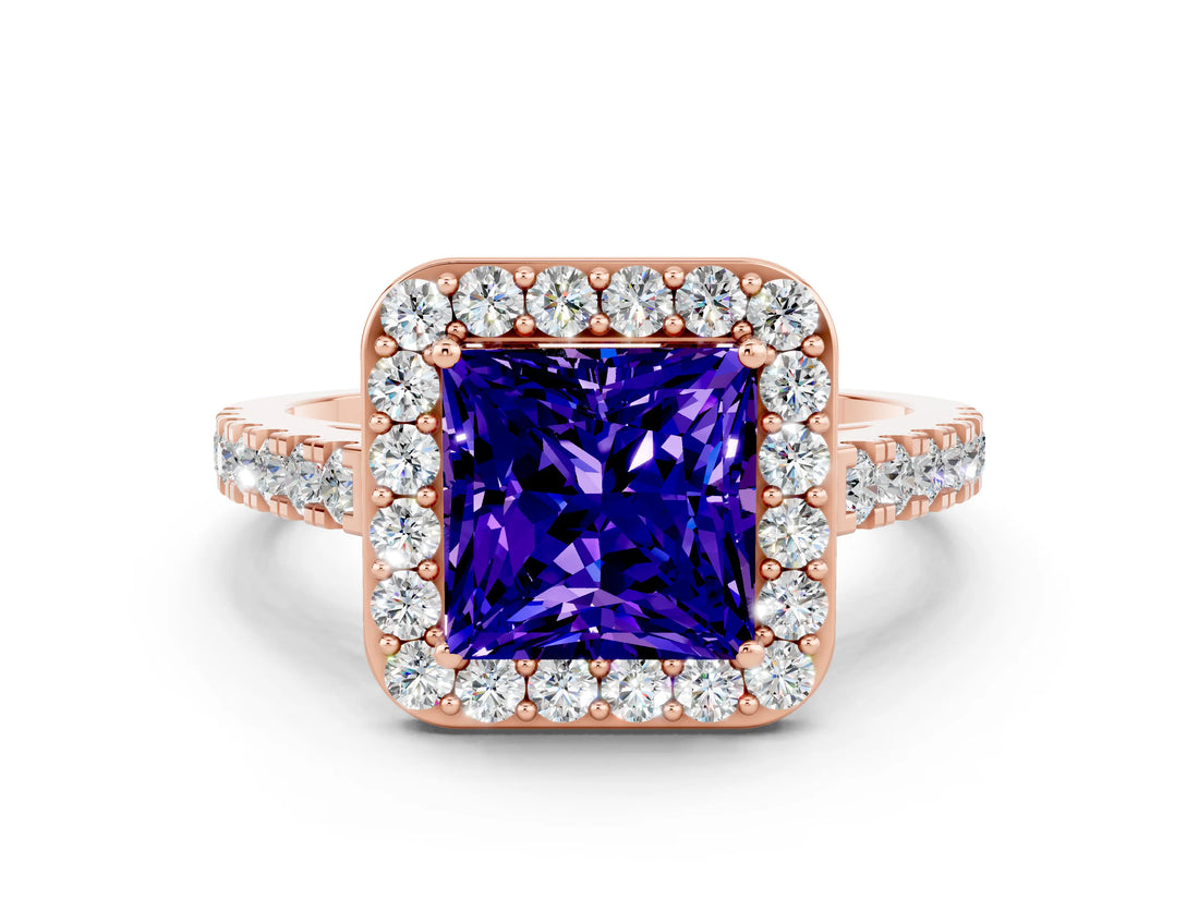 Rose gold Princess Cut Halo Diamond Ring with Pavé Band and Three-Prong Setting