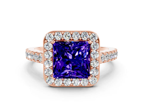 Rose gold Princess Cut Halo Diamond Ring with Pavé Band and Three-Prong Setting
