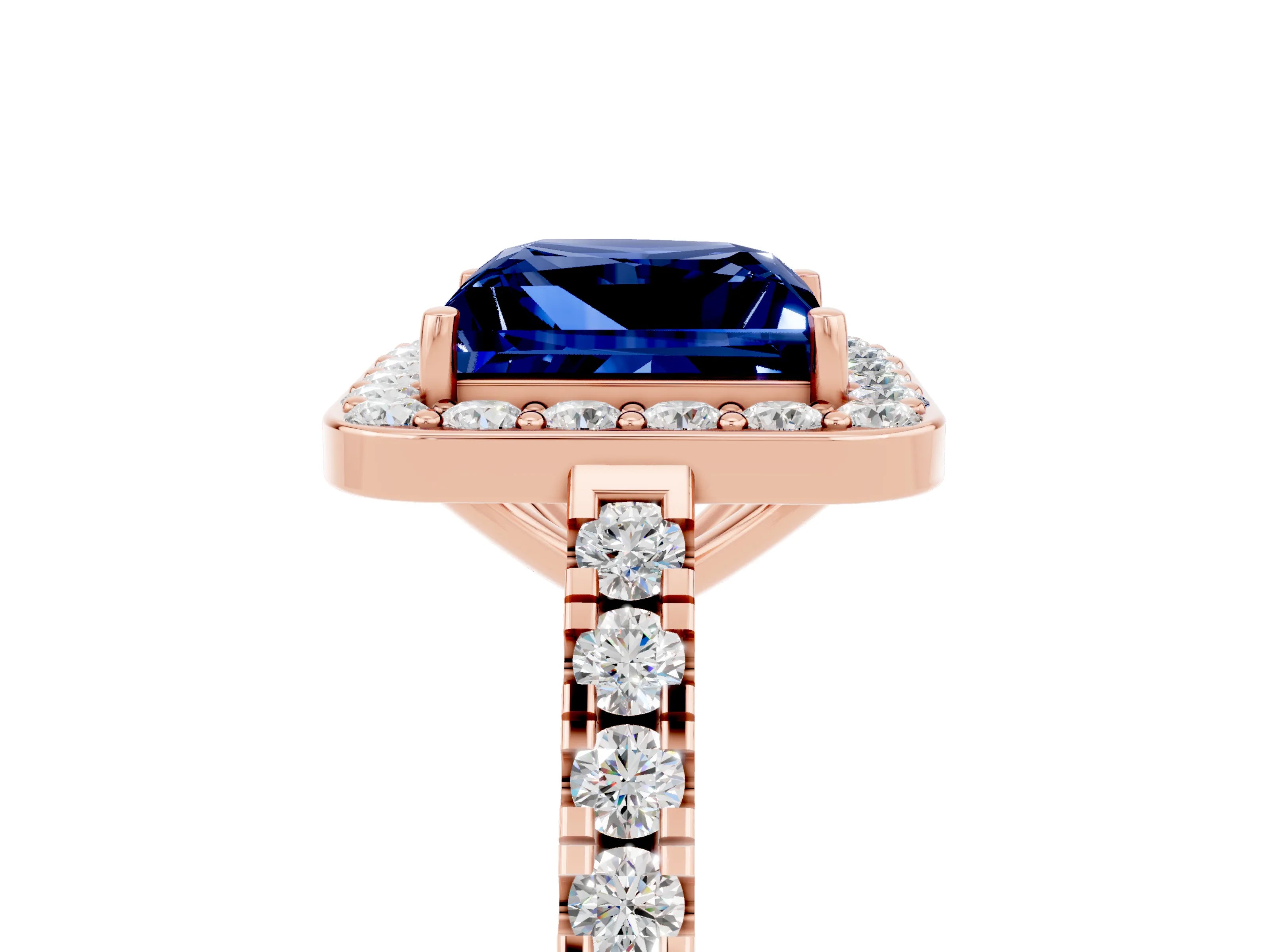 Rose gold Princess Cut Halo Diamond Ring with Pavé Band and Three-Prong Setting_5