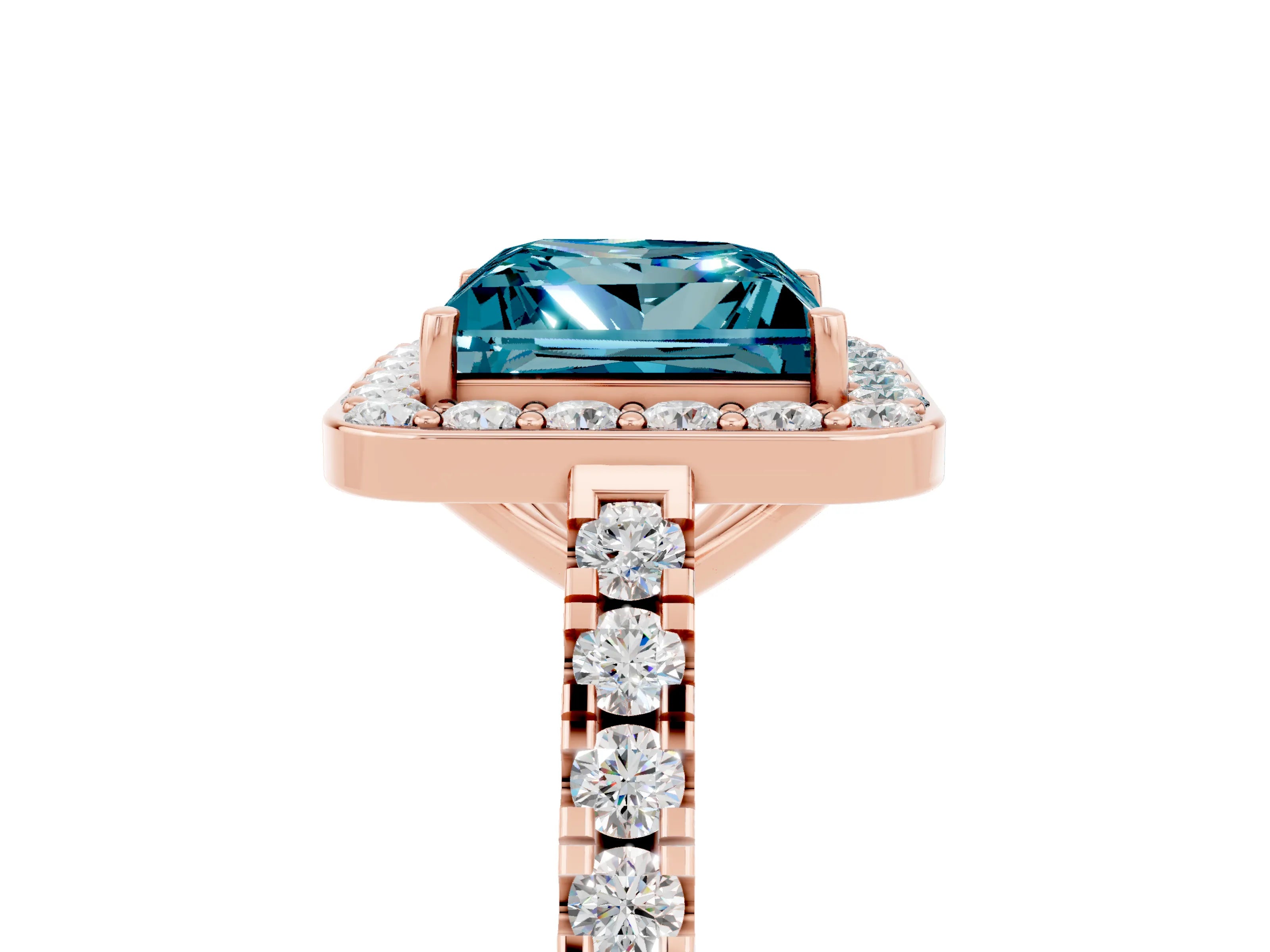 Rose gold Princess Cut Halo Diamond Ring with Pavé Band and Three-Prong Setting_5