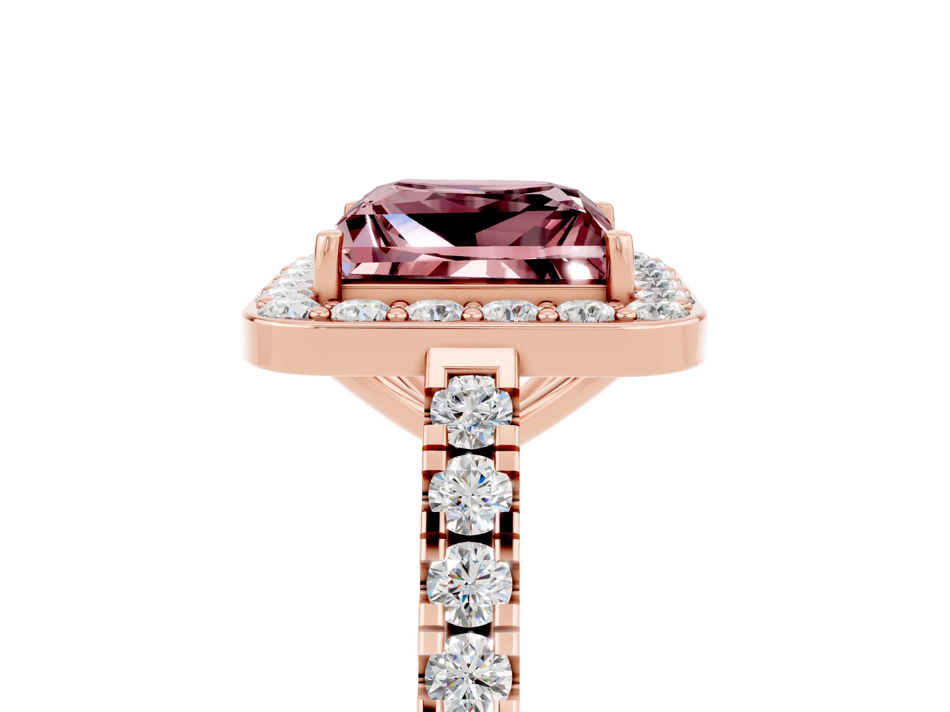 Rose gold Princess Cut Halo Diamond Ring with Pavé Band and Three-Prong Setting_5