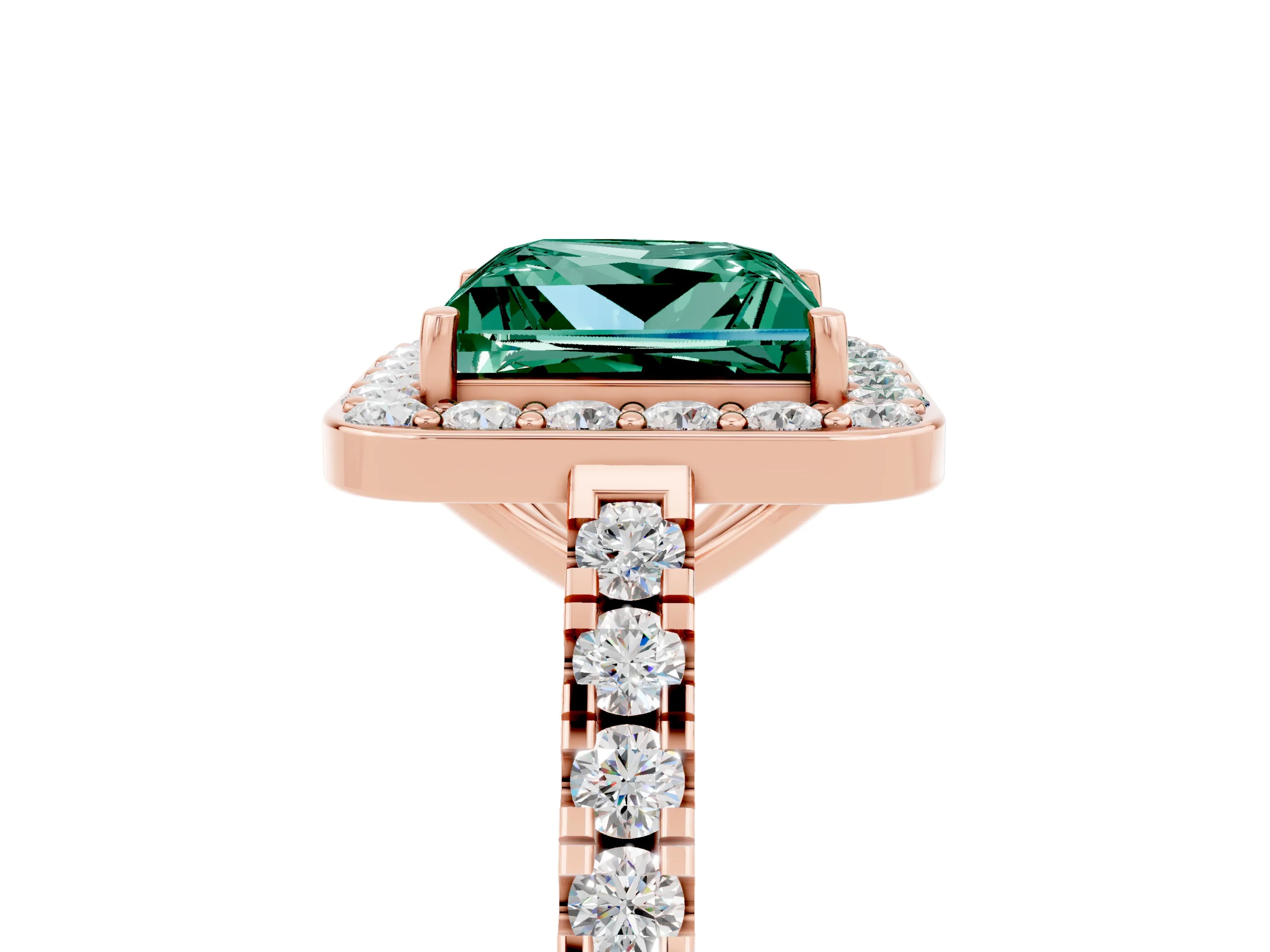 Rose gold Princess Cut Halo Diamond Ring with Pavé Band and Three-Prong Setting_5