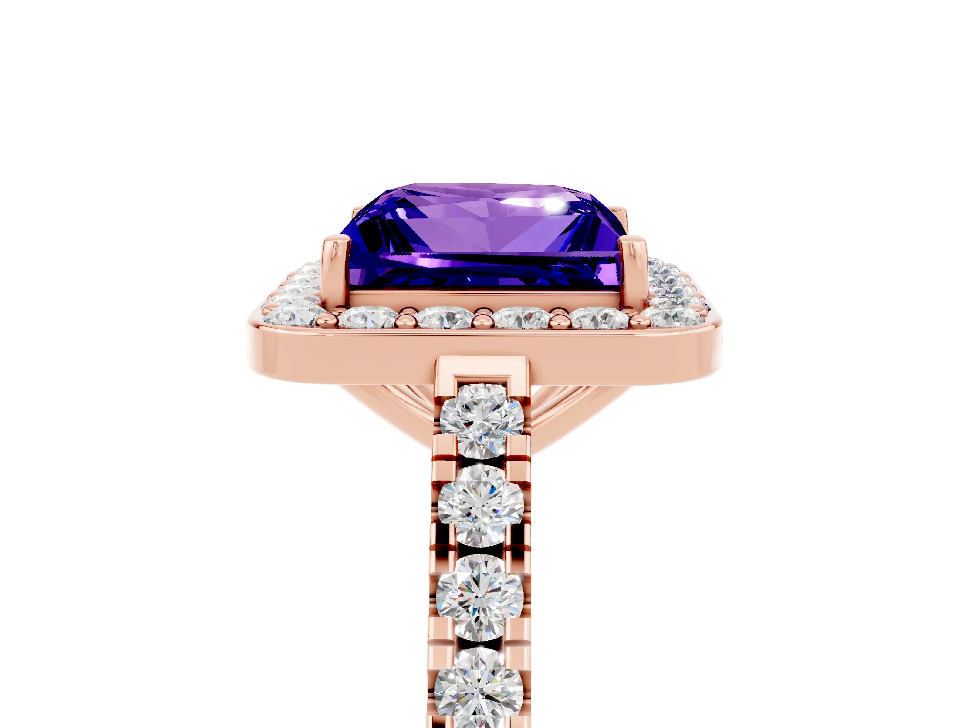 Rose gold Princess Cut Halo Diamond Ring with Pavé Band and Three-Prong Setting_5