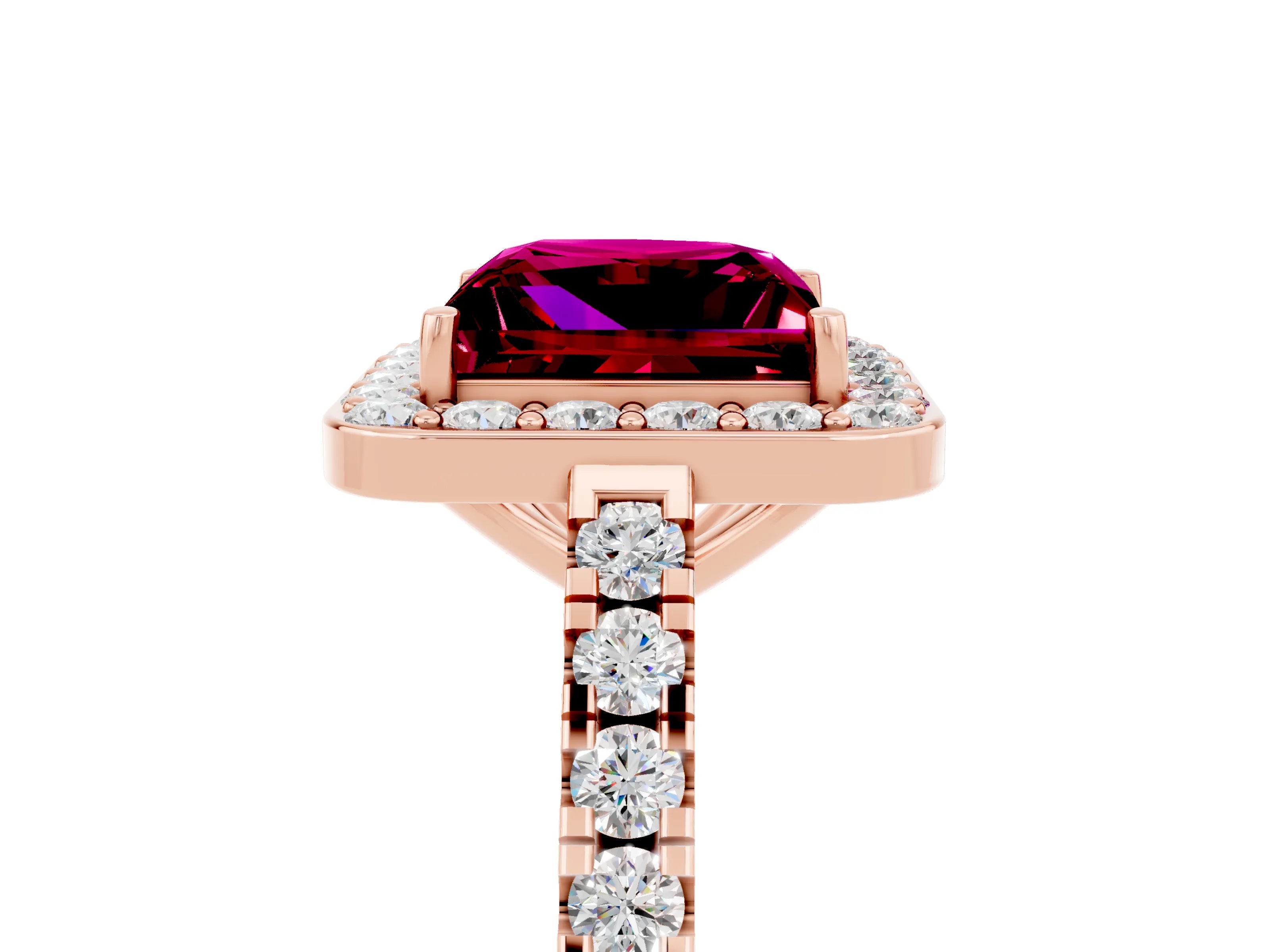 Rose gold Princess Cut Halo Diamond Ring with Pavé Band and Three-Prong Setting_5