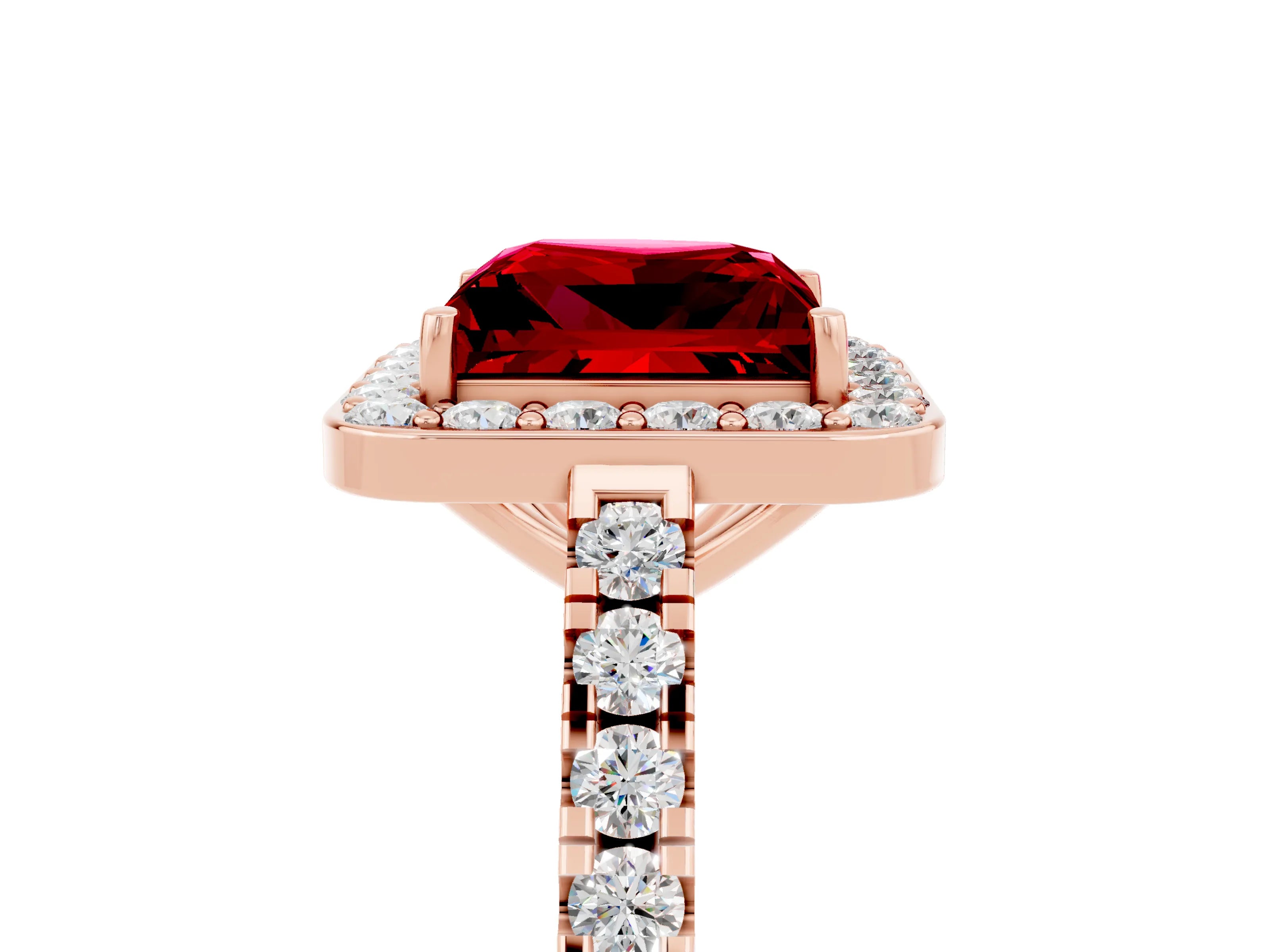 Rose gold Princess Cut Halo Diamond Ring with Pavé Band and Three-Prong Setting_5