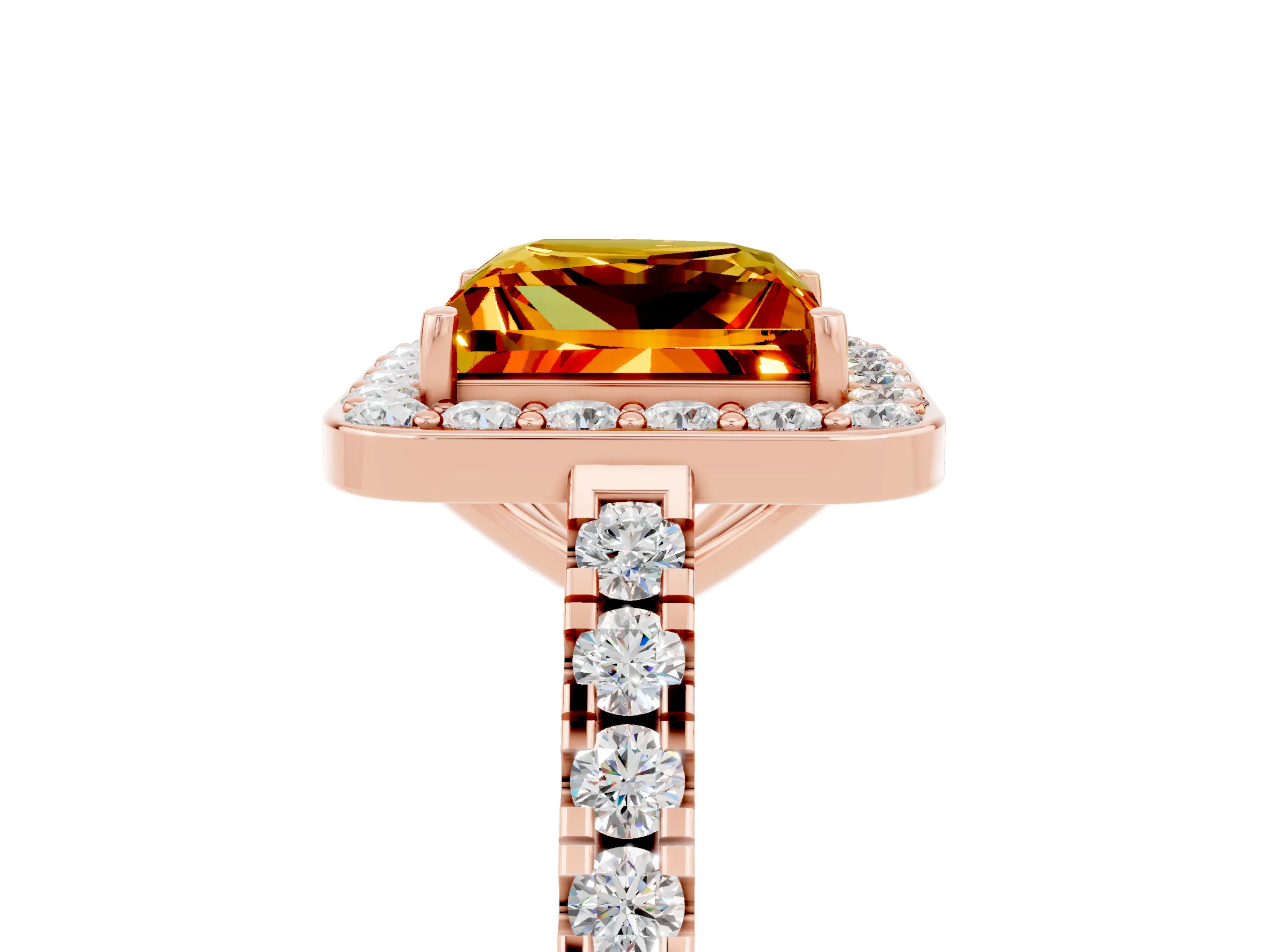 Rose gold Princess Cut Halo Diamond Ring with Pavé Band and Three-Prong Setting_5