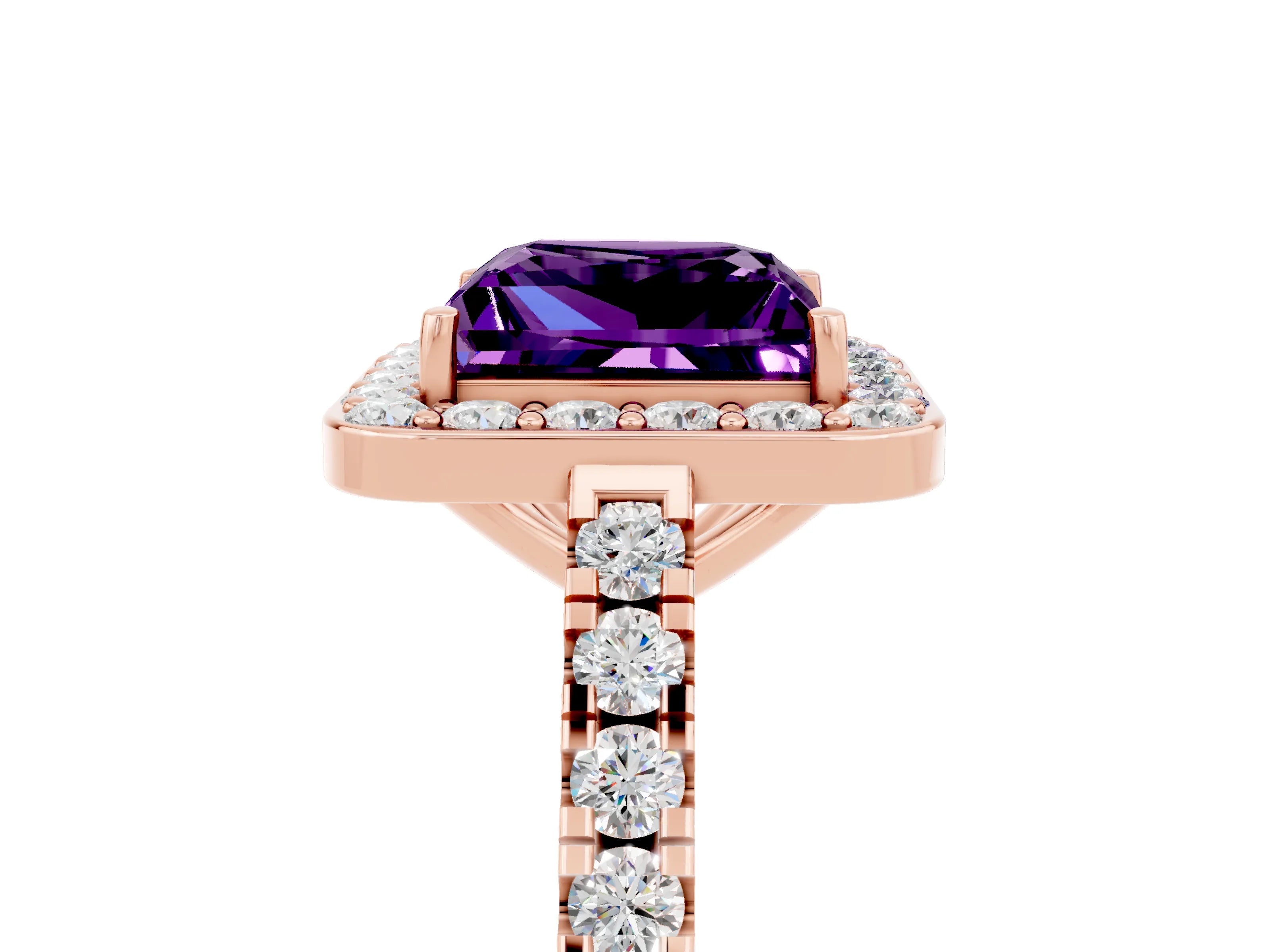 Rose gold Princess Cut Halo Diamond Ring with Pavé Band and Three-Prong Setting_5