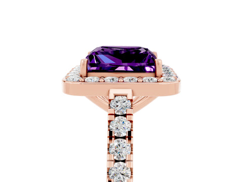 Rose gold Princess Cut Halo Diamond Ring with Pavé Band and Three-Prong Setting_5